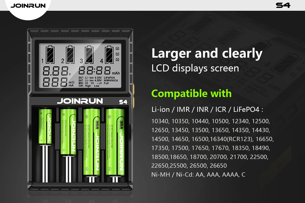 Joinrun S4 18650 зарядное устройство lcd смарт-литий-ионная Зарядка для 18650 14500 16340 26650 с DC 12 В Автомобильное зарядное устройство для аккумуляторов AA AAA