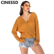 CINESSD V Neck Knitted Sweaters Solid Long Sleeves Backless Loose Casual Women Tops Burgundy Thin Pullovers Tee Shirts Sweaters burgundy v neck long sleeves causal loose jumper