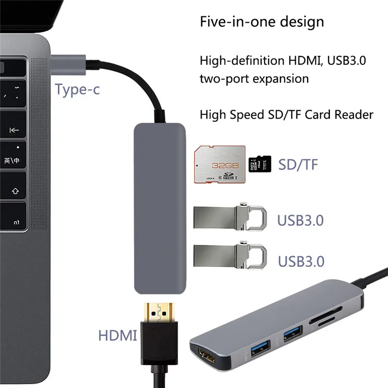 5 in1 USB C HUB USB-C to HDMI Micro SD/TF Card Reader Adapter for MacBook Samsung Galaxy S9/S8 Huawei P20 Pro Type C USB 3.0 HUB