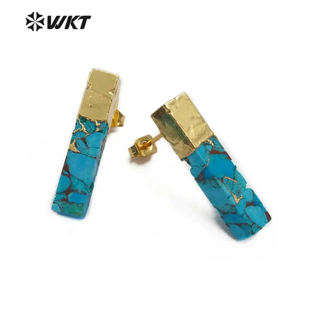 WT-E548 Natural Blue Vein Green Stone Earring Rectangle Shape Gem-stones Earring Gold Capped Stud Earring Jewelry