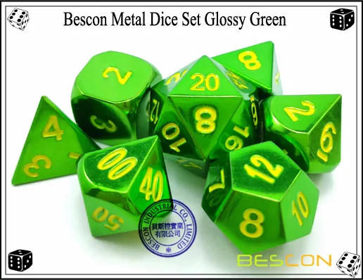 Bescon твердого металла набор Игральный костей зеленый глянец, однотонные металлизированные многогранные D& ролевые 7-набор Игральный костей