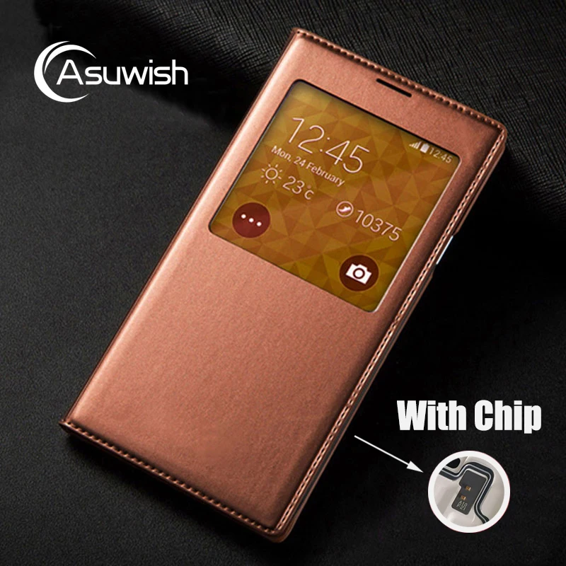 Smart View Auto Sleep Wake Function With Chip Leather Case Flip Cover Holster For Samsung Galaxy S5 I9600 G900 G900F G900H G900M