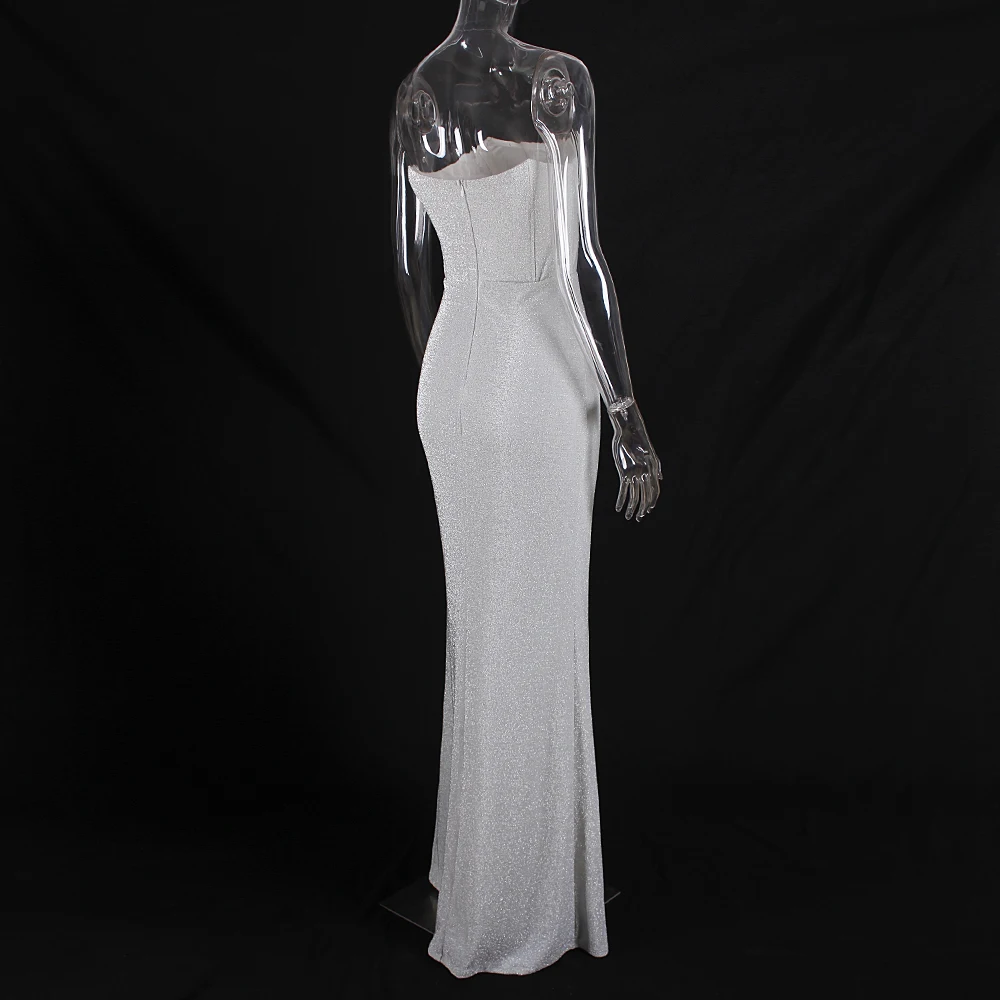 Сексуальное платье макси без бретелек с открытой спиной, блестящее синтетическое трикотажное платье с блестками, с разрезом сбоку, без рукавов, облегающее вечернее платье