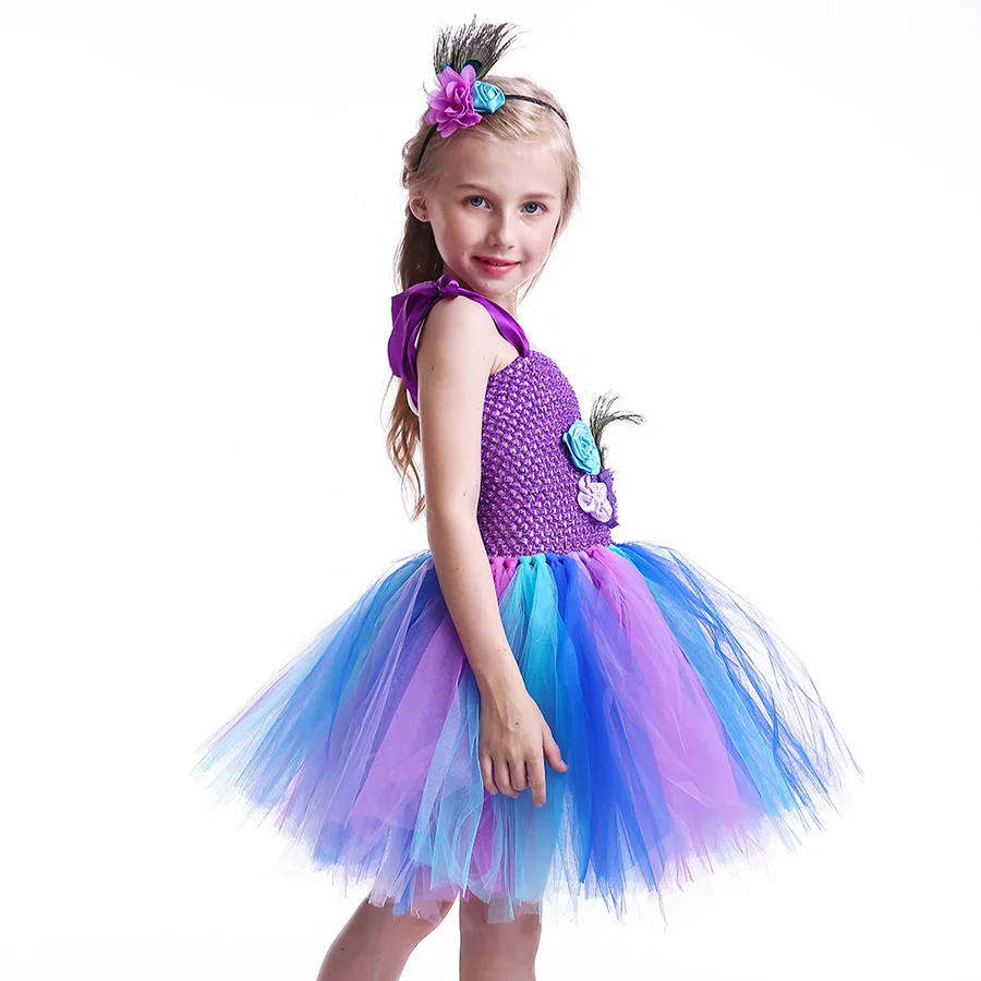 Kids Peacock Feather Halloween Purim Tutu Dress with Hair Hoop Flowers (8)
