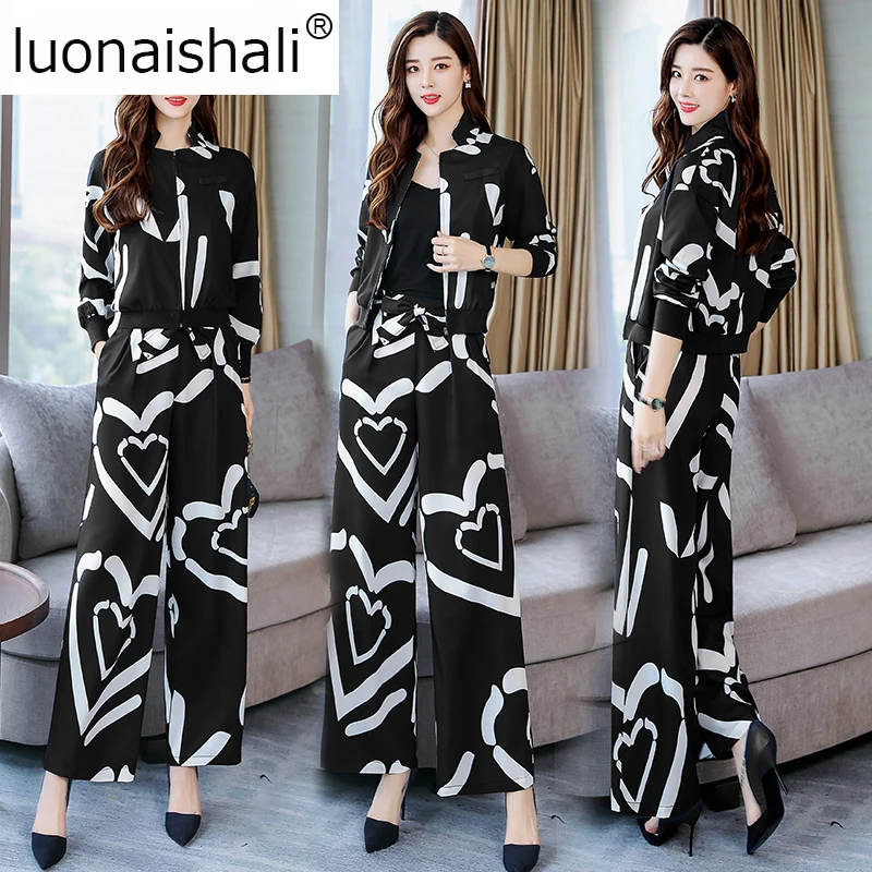 Fashion New 2019 Women 2 Piece Set Suit Female Long Sleeve heart printing Work Clothes Trousers Autumn Suits H014 | Женская одежда