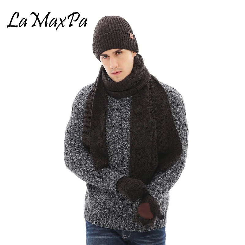 LaMaxPa модный плотный мужской шарф, шапка и наборы с перчатками 3 шт полосатый вязаный зимний теплый бини обертывание дропшиппинг