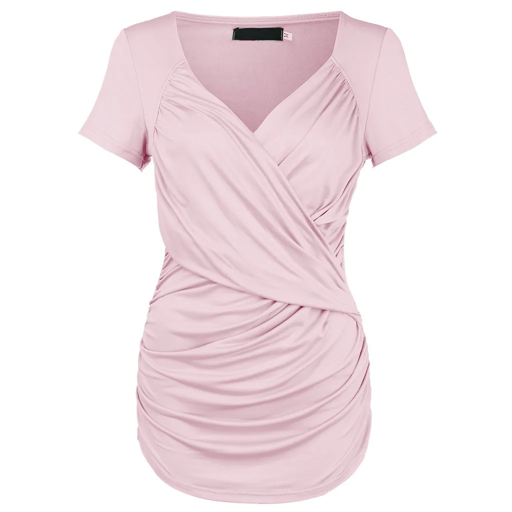 Pink Модная женская Однотонная футболка зеленого, розового, красного, синего цвета с v-образным вырезом, короткими рукавами, перекрещивающимися складками, повседневный Топ, летняя плиссированная одежда - Цвет: Pink