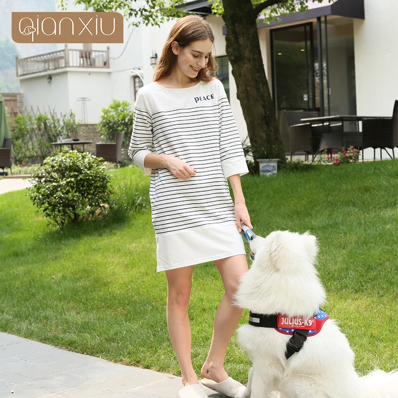 

2019 Spring Brand dress Women Casual Striped nightgown Female Soft Cotton nightdress Ladies Three-Length sleeve sleepwear dress