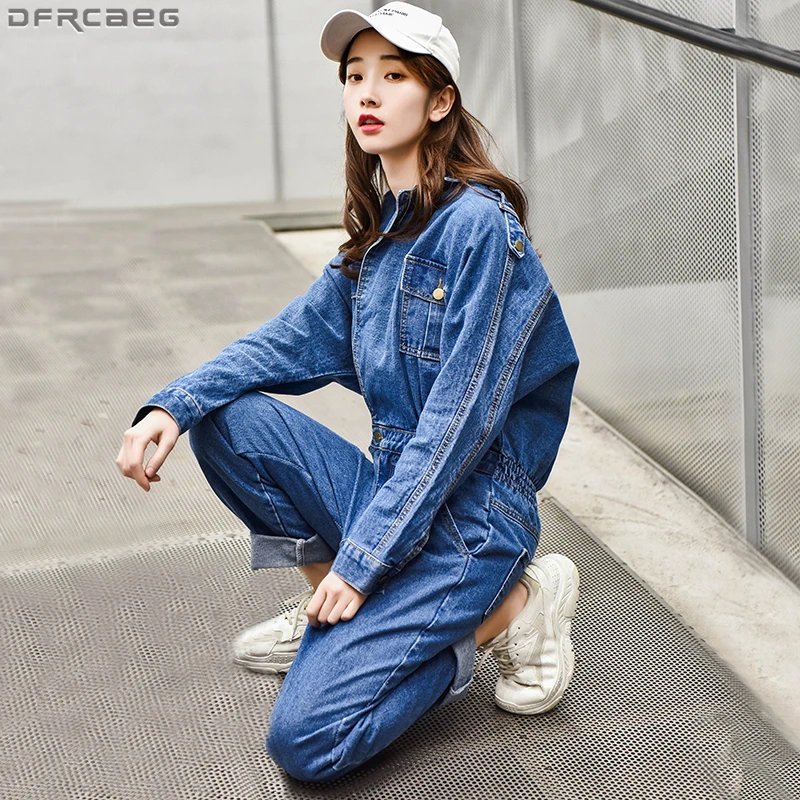 Fashion Streetwear Jeans Jumpsuit For Loose Vintage Ladies Denim Overalls Elastic Long Sleeve Blue Romper Trousers - Jumpsuits, Playsuits & Bodysuits -