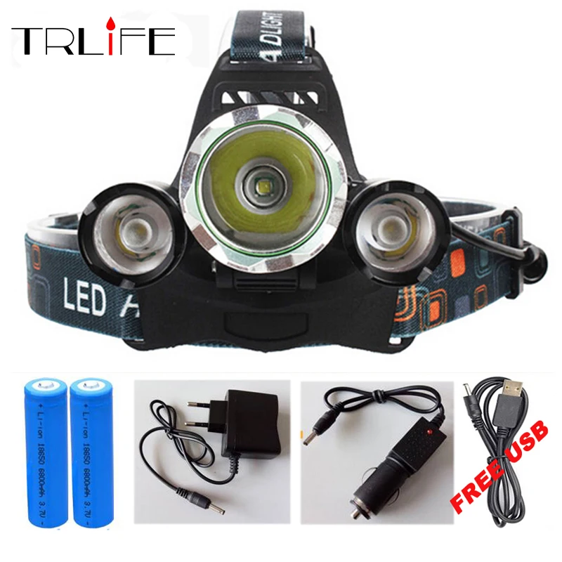

15000Lumens 3 LED T6 Headlight Headlamp Head Lamp Light X900 Flashlight +2x18650 Battery+AC/Car/USB Charger For Fishing