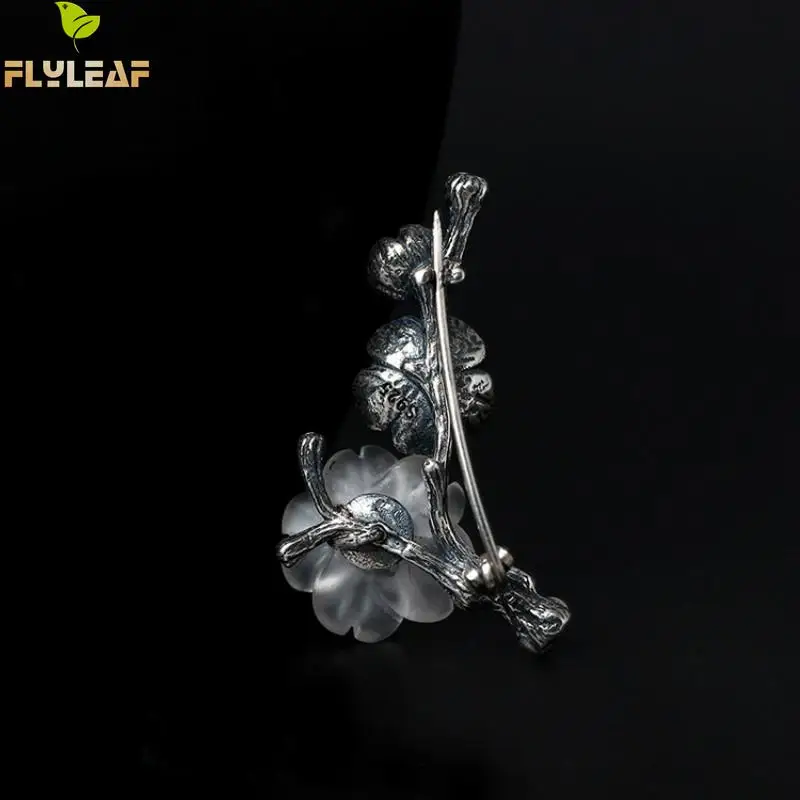 Форзац бренд 925 пробы Серебряный цветок сливы из кристаллов Броши для женщин Винтажный стиль леди элегантные ювелирные изделия
