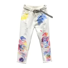 Джинсы для женщин размера плюс 30 31 32 с дырками и принтом, свободные белые штаны, женские штаны-шаровары с высокой талией H268