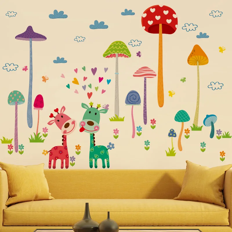 Cartoon Animal Forest Fawn Wall Sticker Mushroom Wall Decal Mural Wall