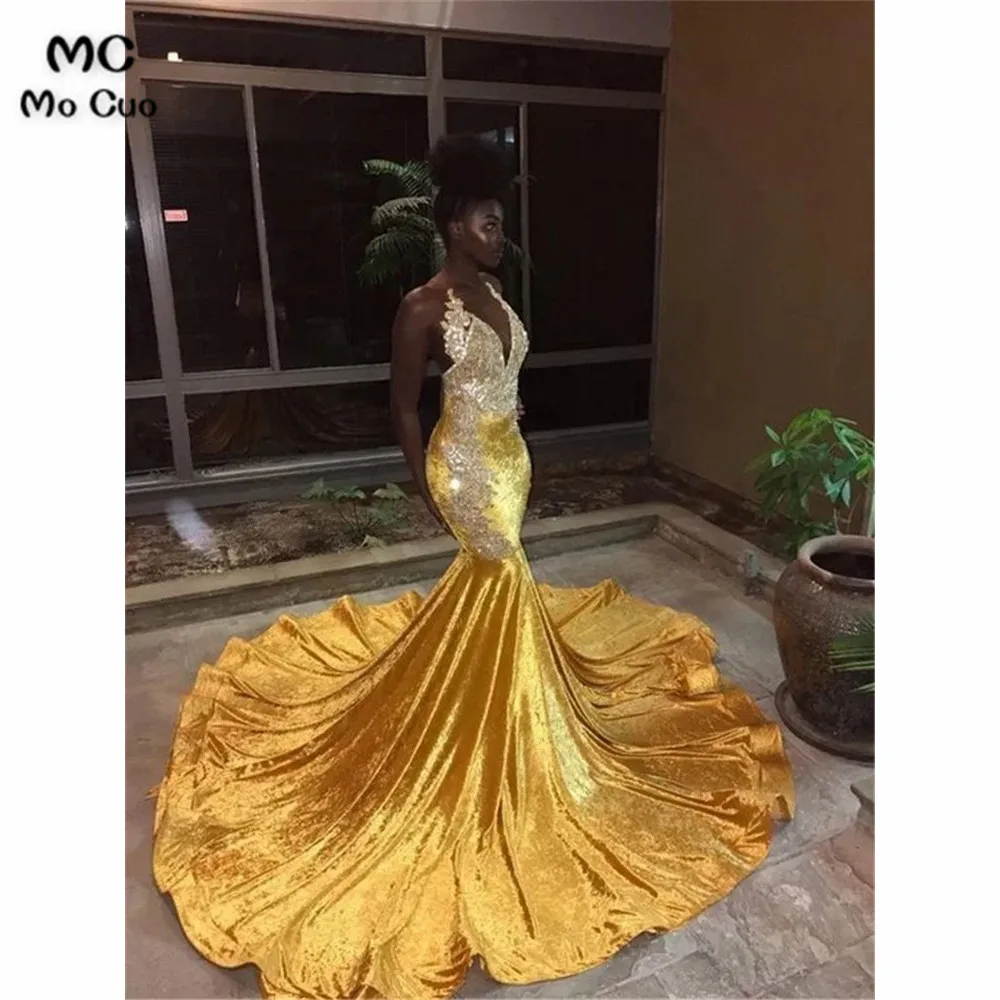 Mermaid Sleeveless V-neck Court Train Lace Velvet Dresses