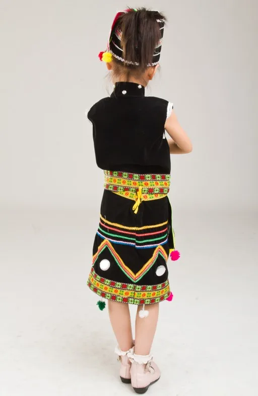Одежда для девочек Miao Hmong одежда Китайский народный танец костюм для детей Традиционный китайский национальный костюм Топ Юбка с шапками
