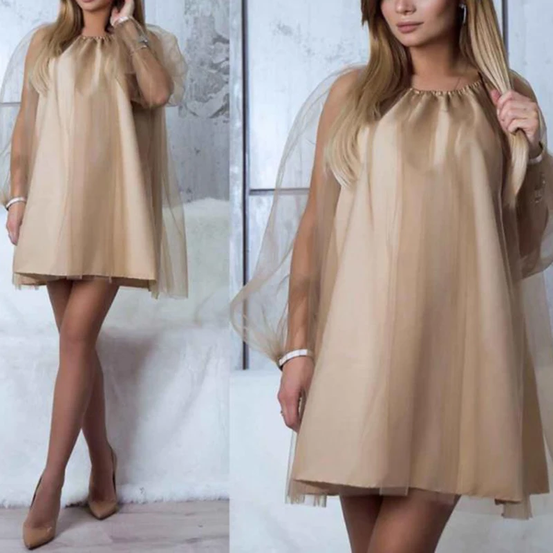 Summer Dress 2018 Plus Size Mesh O-Neck Sexy Women Dresses Patchwork Loose Streetwear Women's Clothing Lantern Sleeve Mini Dress Dresses