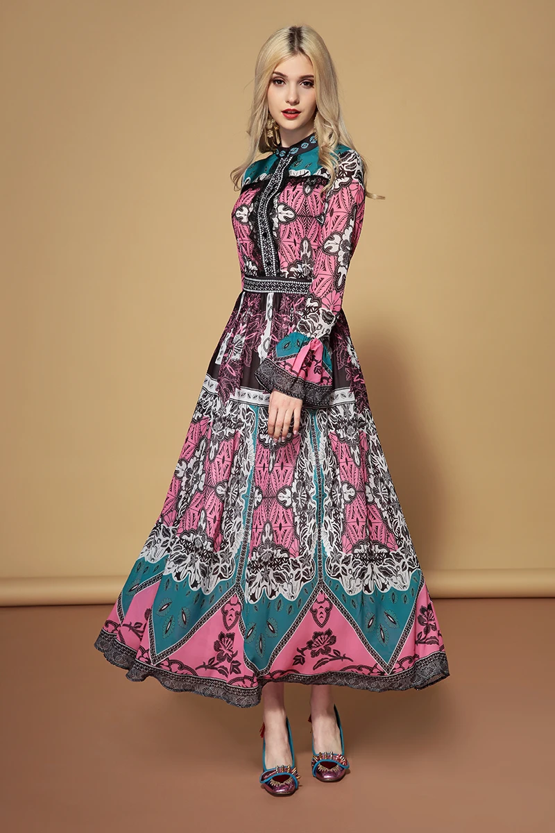 LD LINDA делла модное подиумное осеннее платье с длинным рукавом женское кружевное лоскутное многоцветное винтажное ретро платье с цветочным принтом