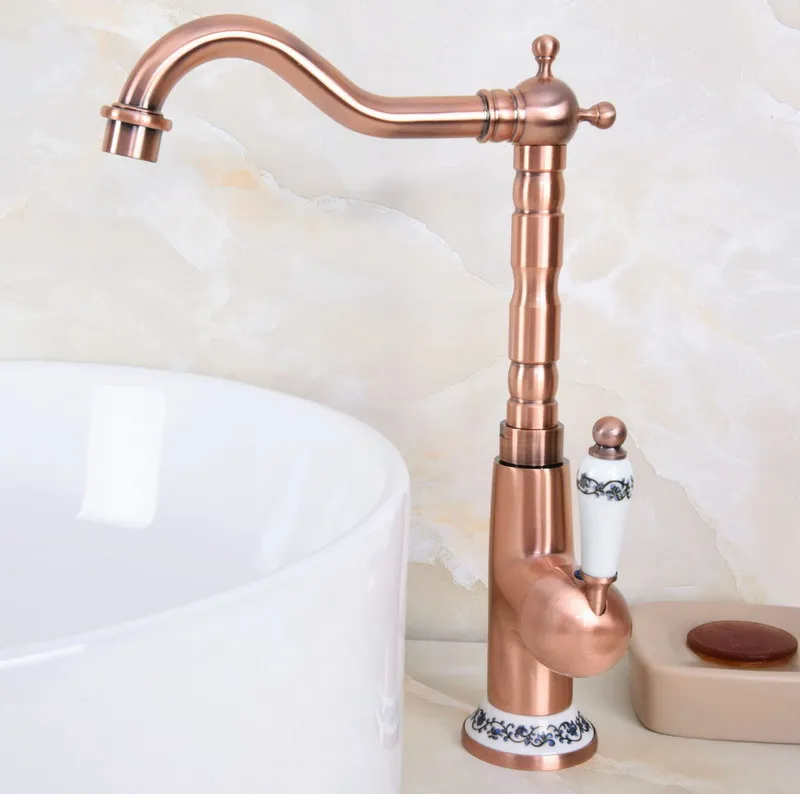Antique Red Copper Brass Ceramic Base Kitchen Wet Bar Bathroom Vessel Sink Faucet Single Hole Swivel Spout Mixer Tap anf625