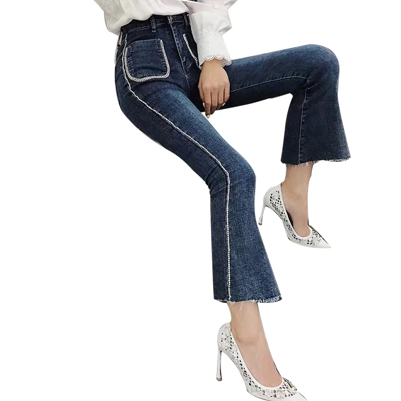 TWOTWINSTYLE, женские джинсы в стиле пэчворк с бисером, с карманами, с высокой талией, джинсовые брюки-клеш, женские корейские весенние модные новые