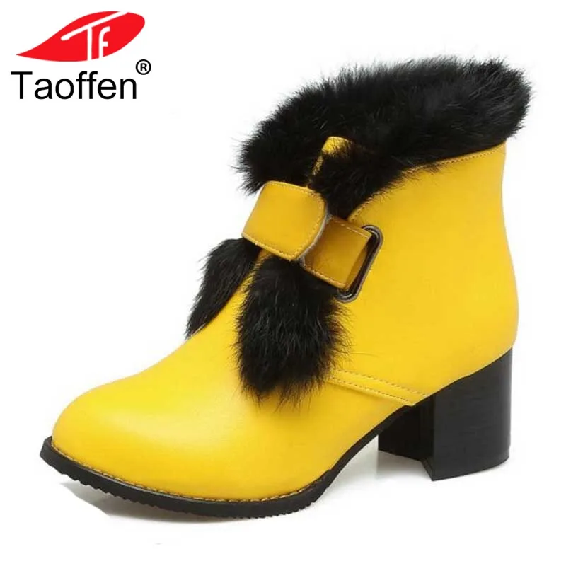 

TAOFFEN Size 34-48 New Arrival Women Round Toe Square Heel Hook And Loop Faux Fur Ankle Boots Lady Solid High Heel Boots
