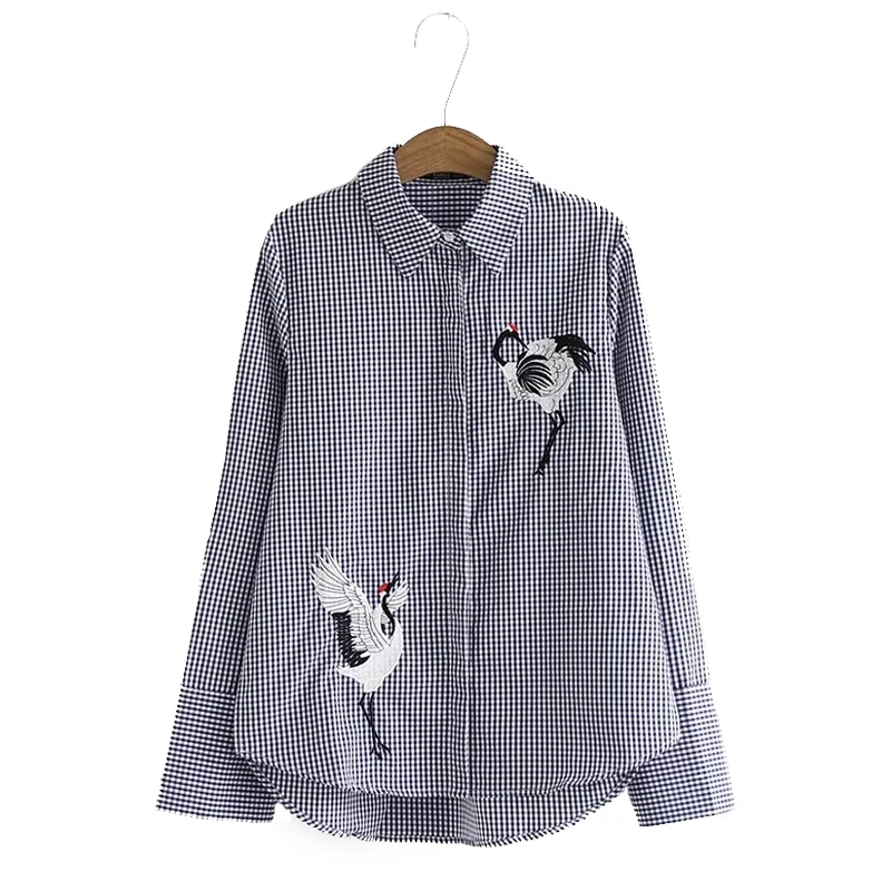 

2019 New Embroidery crane long sleeve blouse shirt women tops Elegant palid feminine blouse chemise femme blusas