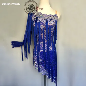 

Latin Dance Leak back Dress Adult 2017 New One Shoulder European Style Children Rumba Sumba Mesh Latin Tassel Dancing Skirt