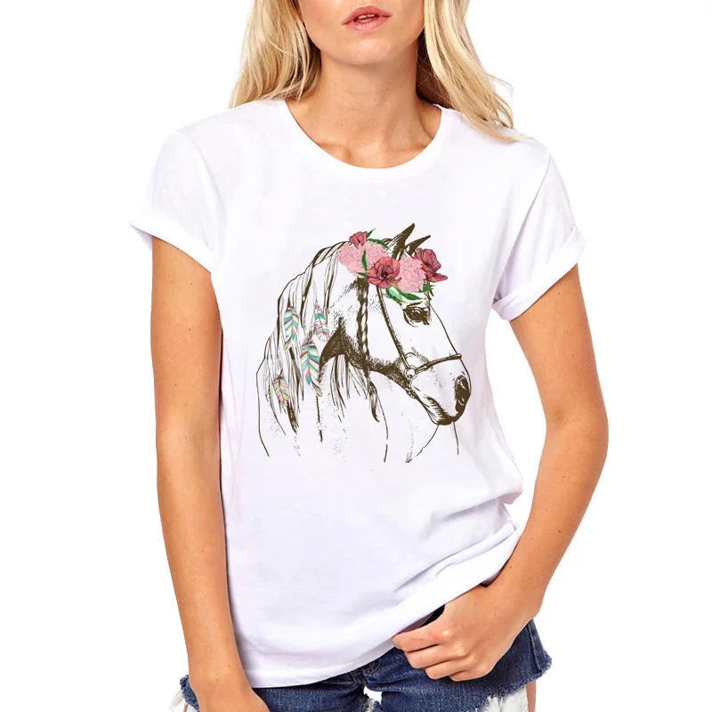 

New Fashion clothes T shirt Women arrival flowers horse printing casual top tees cool women plus size white harajuku tops tees