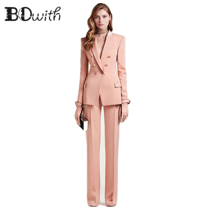 

High Quality Pink Women Pantsuits Work Pant Suits OL 2 Piece Sets Women Blazer(Jacket+Pant Suit)For Women Set Party