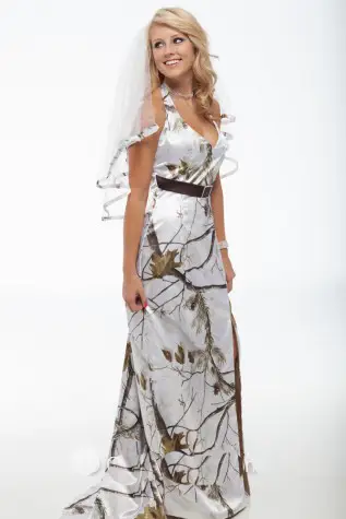 Halter V Neck Sexy Slit Realtree Snow White Camo Wedding Dress