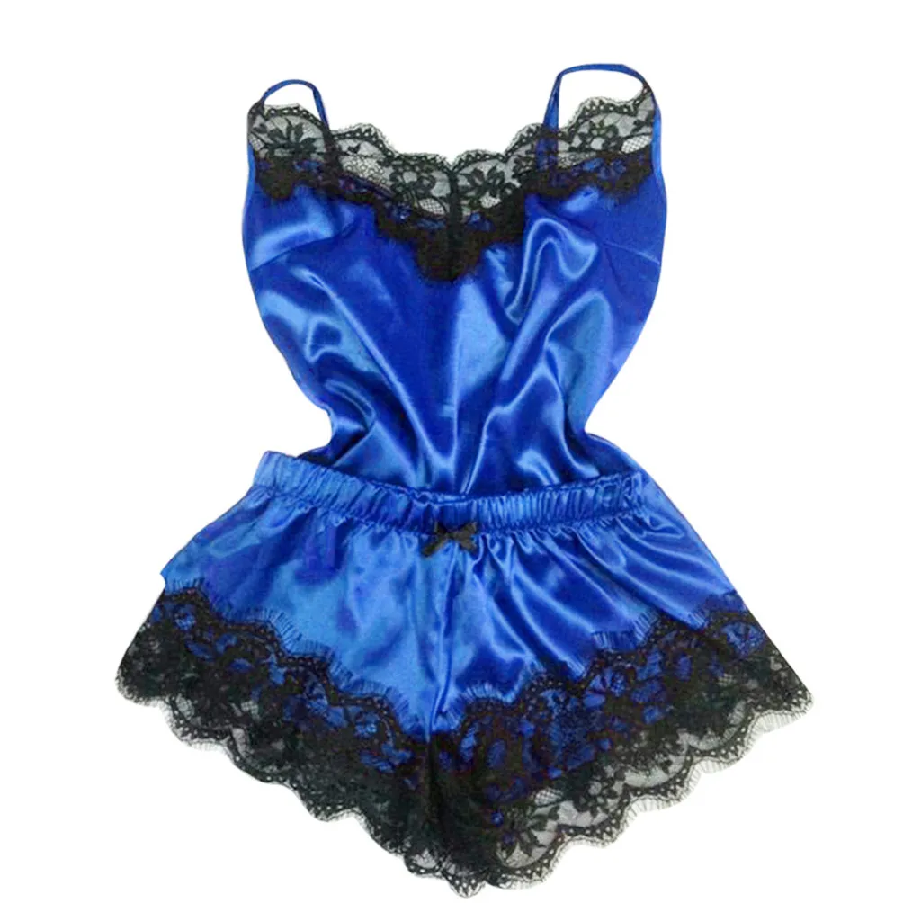 Women's Sleepwear Sexy Satin Pajama Set black Lace V-Neck Pyjamas Sleeveless sleep wear for women set summer Women's Sleepwear Sexy Satin Pajama Set black Lace V-Neck Pyjamas Sleeveless sleep wear for women set summer