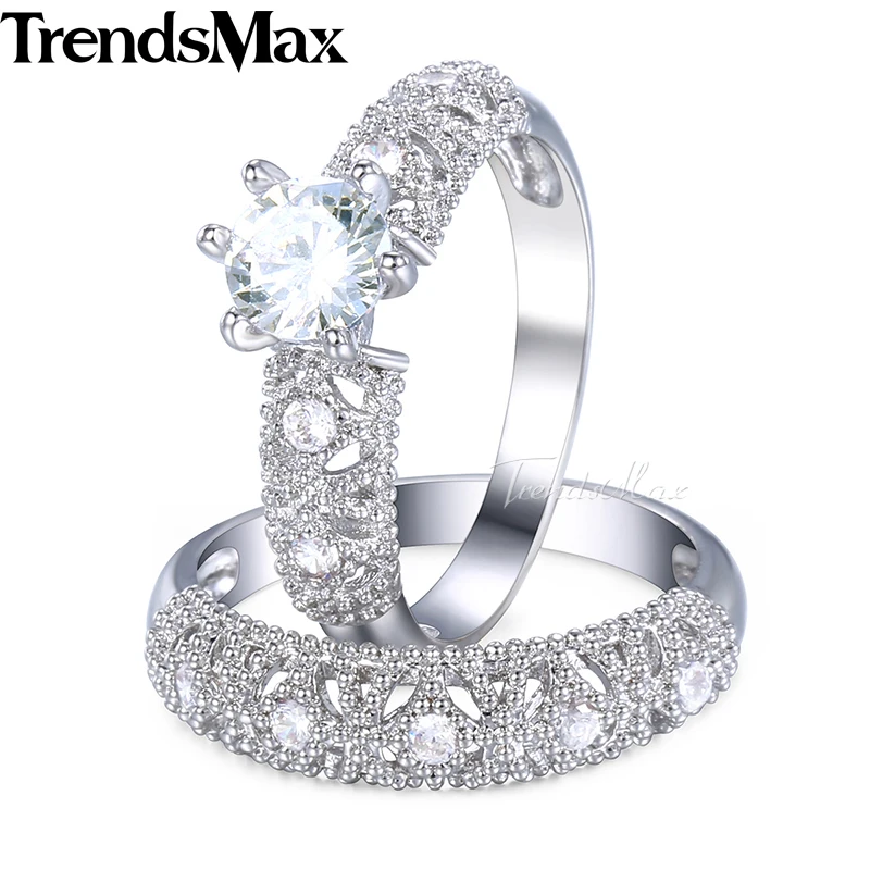 Trendsmax Fine Carving Craft Wedding Filigree Ring Set For Women White Gold Filled Round Clear Cubic Zirconia KGR45