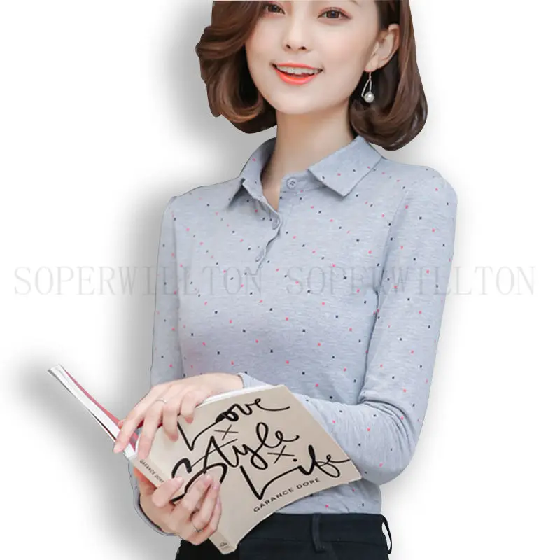 Plus Size S-3XL Cotton Polka Dot Polo Shirt Women Femininas Shirt Spring Autumn Long Sleeve Femme Women's Polos Top - Цвет: Grey