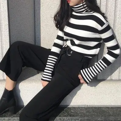 Осень зима черный белый полосатый свитер Корейская мода Mujer Sueter тонкий дикий винтажный пуловер 75637 - Цвет: black white sweater