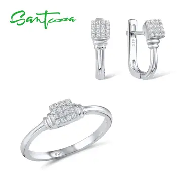

SANTUZZA Jewelry Set For Women White Cubic Zirconia stunning Ring Earrings Set Pure 925 Sterling Silver Fashion Jewelry Set