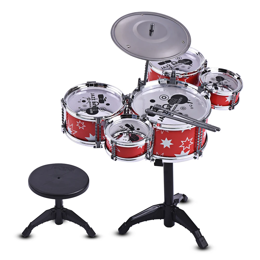 

High Quality Jazz Drum Set Musical Educational Instrument Toy 5 Drums + 1 Cymbal with Small Stool Drum Stick Music Toys for Kids