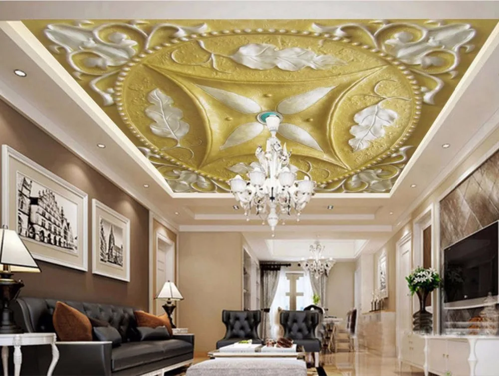 European Luxury Ceiling Murals Wallpaper Relief Pattern Wallpaper For