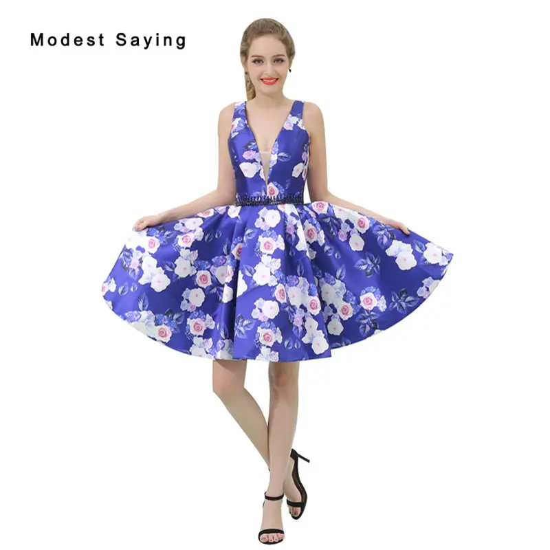 Sexy Blue Deep V Neck Floral Print Short Cocktail Dresses 2017 Girls