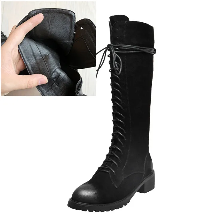 Kid Suede Autumn PXELENA/крутая обувь; сапоги martin до колена из натуральной кожи; высокие рыцарские сапоги в байкерском стиле на не сужающемся книзу массивном каблуке со шнуровкой в армейском стиле - Цвет: Kid Suede Autumn