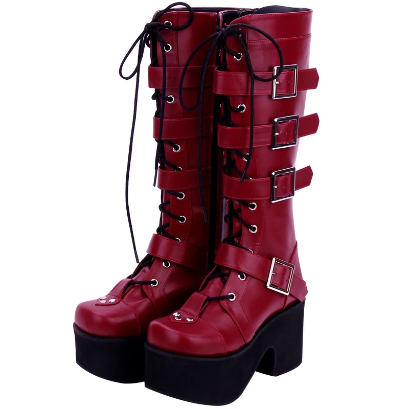 forme À Bottes 35 Mentions Bretelles 46 Cosplay Talon Femmes Gothique Taille Vin 9708 Wedge Punk Boucle Plate Lacets Angélique Rouge Haute Légales A4qwqBX