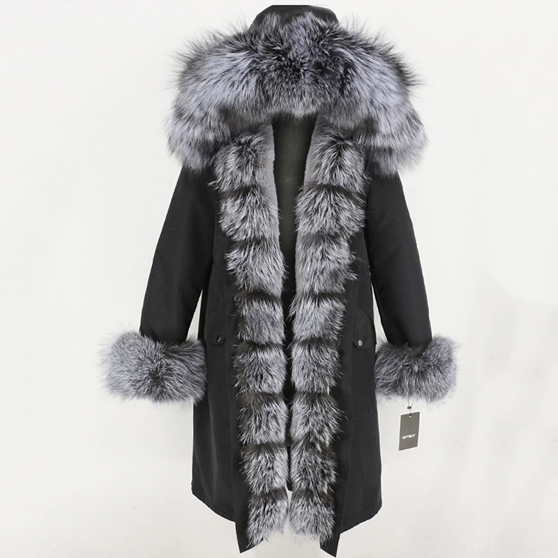 Женское пальто на меху с капюшоном OFTBUY, черная непромокаемая парка со съемным натуральным лисьим мехом на капюшоне, зима - Цвет: black silver