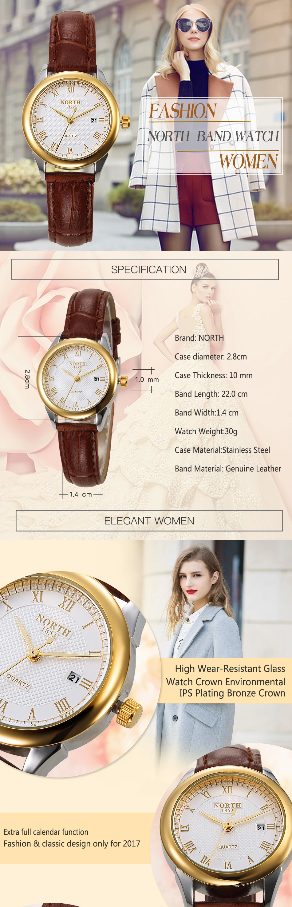 NORTH, роскошные Брендовые женские часы, золотые кварцевые наручные часы, Дамская мода, под платье, кожа, повседневные часы для женщин, Relogio Feminino
