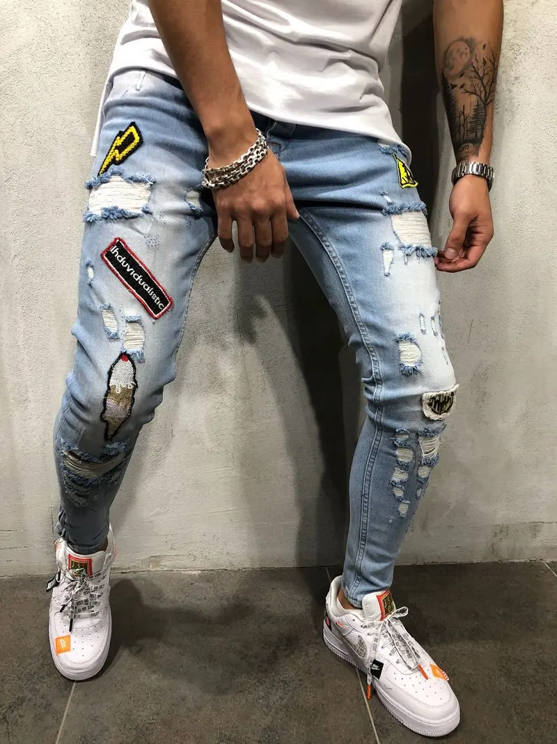 Мужские джинсы с вышивкой в стиле хип-хоп, рваные обтягивающие байкерские джинсы, Мужская Уличная одежда, рваные эластичные джинсовые штаны для бега