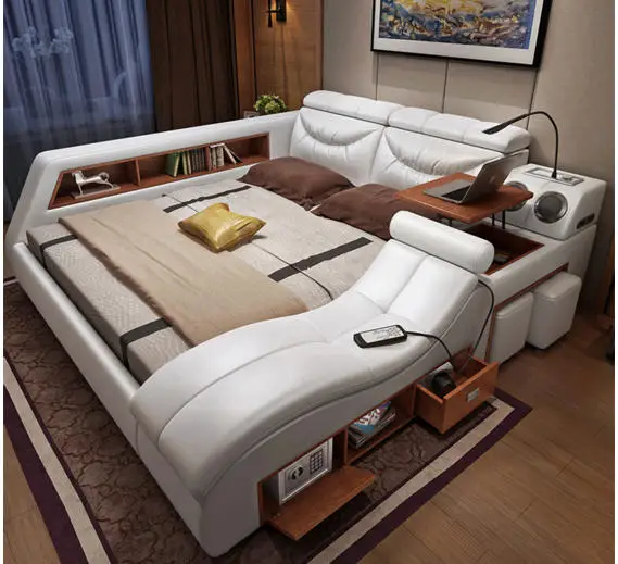 حقيقية إطار سرير جلدي لينة سرير مدلك التخزين آمنة المتكلم مصباح ليد نوم cama muebles de dormitorio/camas الفقرة قورتو