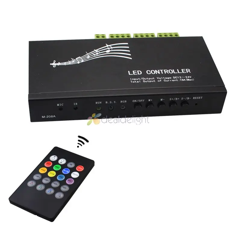 ФОТО DC12V-24V 18A 3 channel Sound Music  RGB LED Controller with IR 20 Key Remote