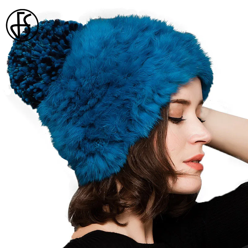 

FS Fashion Women Rabbit Fur Knit Hats For Ladies Winter Wine Red Blue Warm Wool Hat With Pom Pom Knitted Cap Casquette Femme