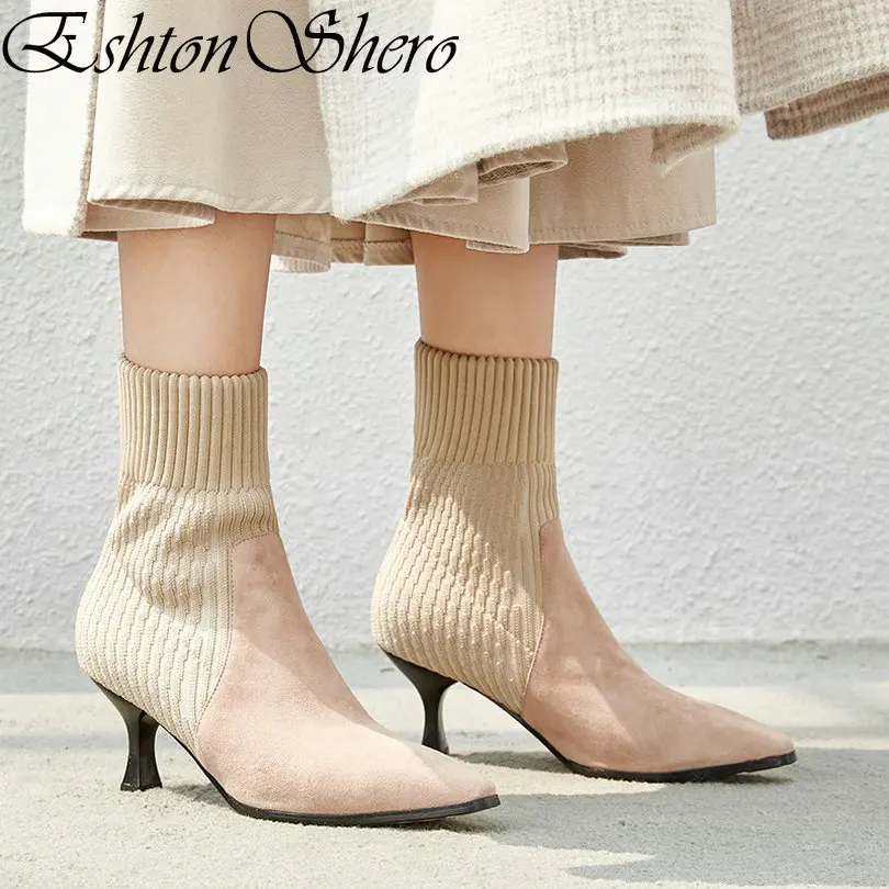 

EshtonShero Women Ankle Boots Shoes Woman Thin High Heel Knitting+Flock Pointed Toe Black Ladies Motorcycle Sock Boot Size 34-40