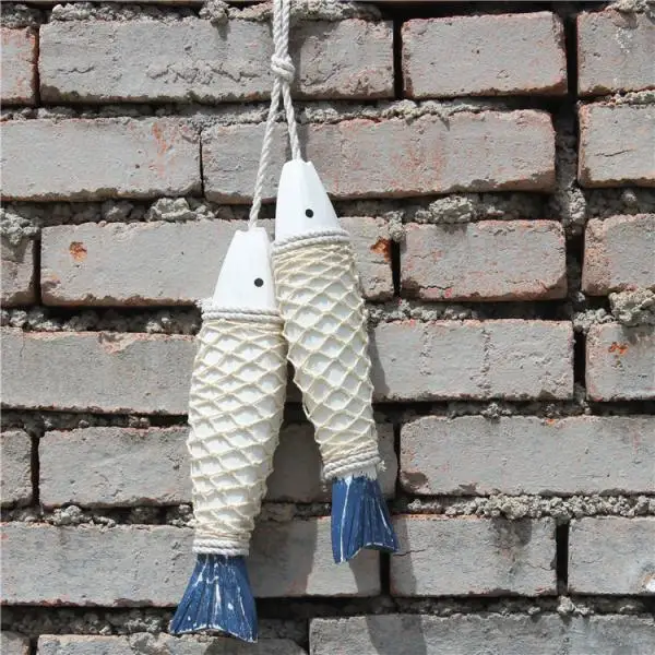 2pcs Mediterranean Hand Carved Wood Marine Fish Rope Craft Hanging Decor Bedroom Wall Artwork Decor 