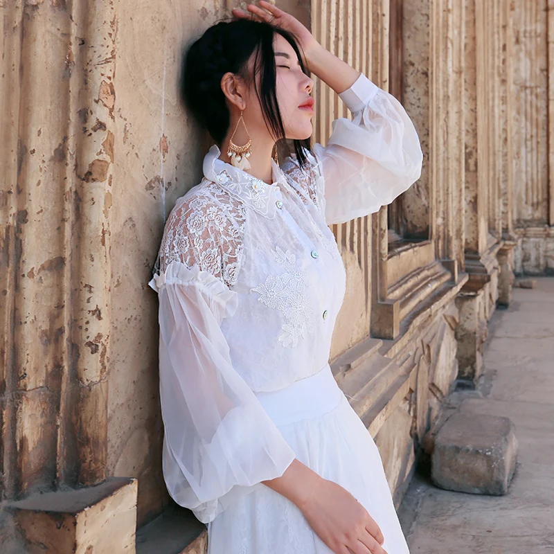 

spring flowers lace long-sleeve shirt female chiffon cutout embroidered slim top