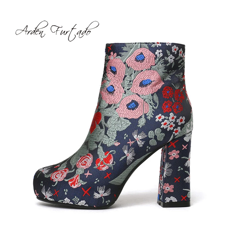 

Arden Furtado autumn winter chunky heels 10cm flowers zipper Ethnic embroidery matin boots women's shoes fashion ankle boots new