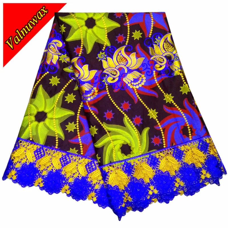 

New design african wax with embroidery fabric 6 yards with ankara wax lace fabrics for party dress-QD3313#